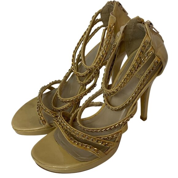 Stuart Weitzman Gold Leather Chain Strap Stiletto Sandals 7.5B  J10073 platform - Picture 13 of 13